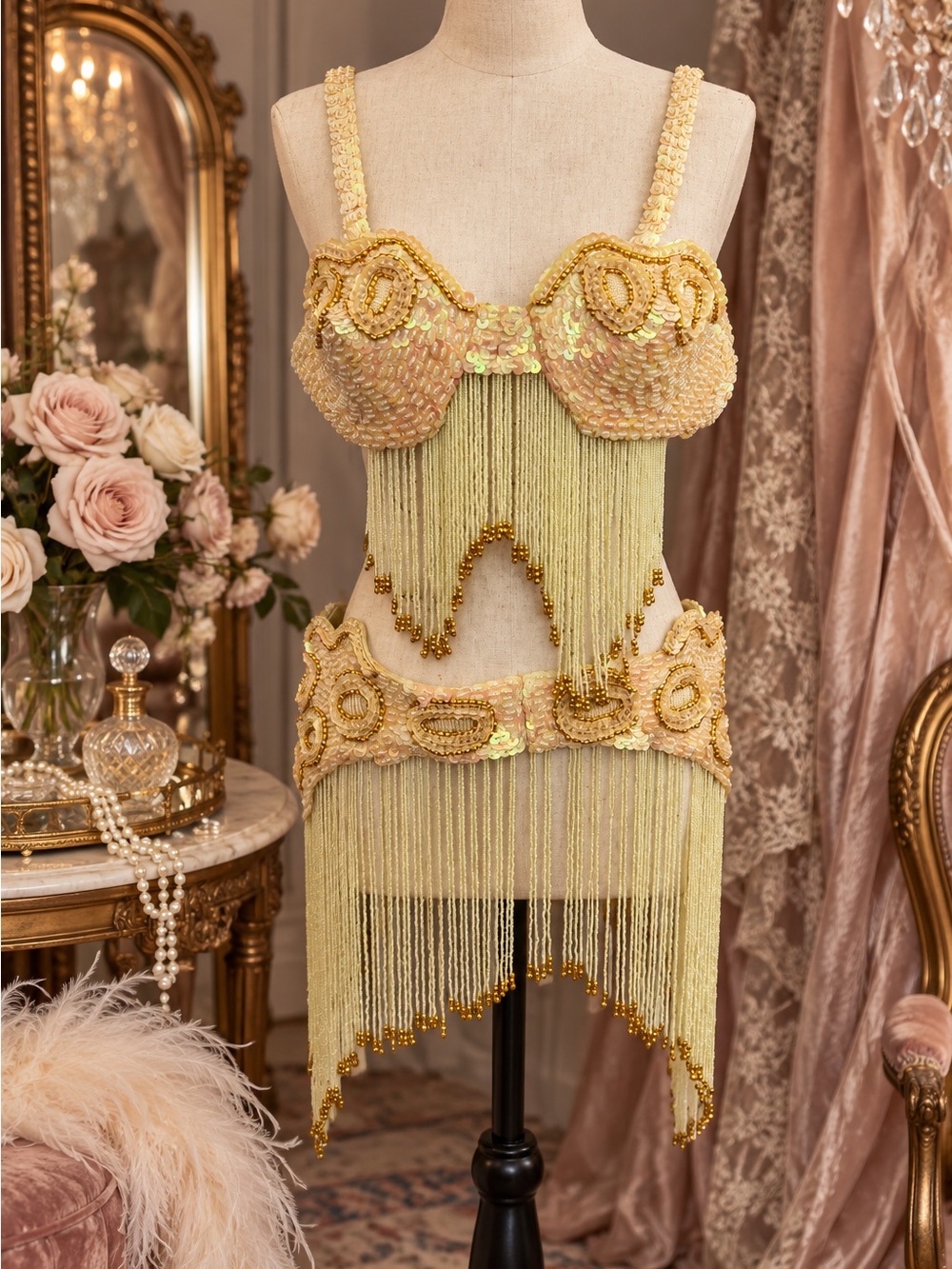 Vintage Beaded Fringe Showgirl Belly Dance Bra Belt Set Gold Sequin Costume - Picture 1 of 11
